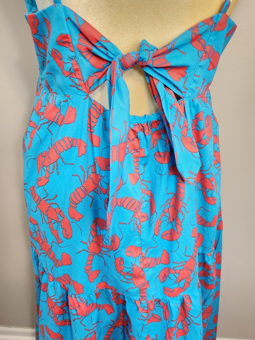 J. Crew Blue Lobster Print Tiered Cotton Maxi Dress 12 Vaca Summer Coastal - Picture 3 of 14